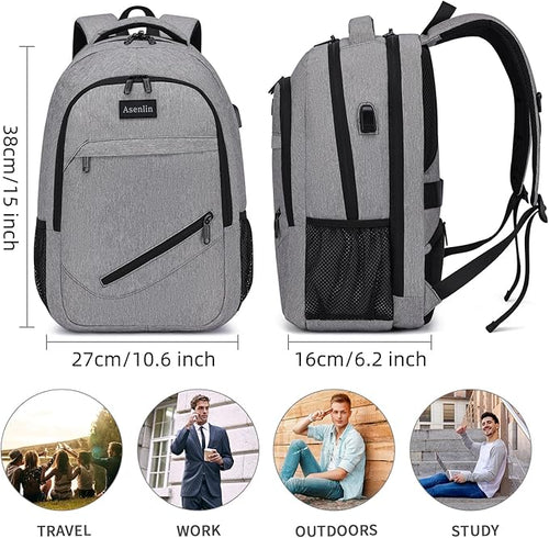 Asenlin Travel Laptop Backpack for Women & Men,Water Resistant Business Slim Sturdy Laptops Backpack with USB Charging Port,Fits 15.6 Inch Notebook College School Computer Bag-Grey