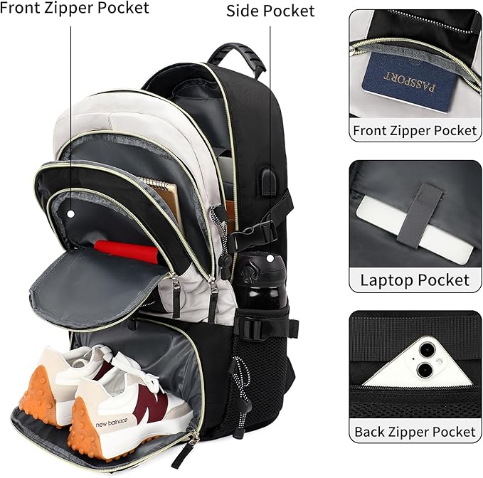 GAEKEAO Travel Backpack For Women Men Airline Approved 16 Inch Carry On Backpack with USB Charging Port Lightweight Casual Daypack for Hiking Business College Black with Beige