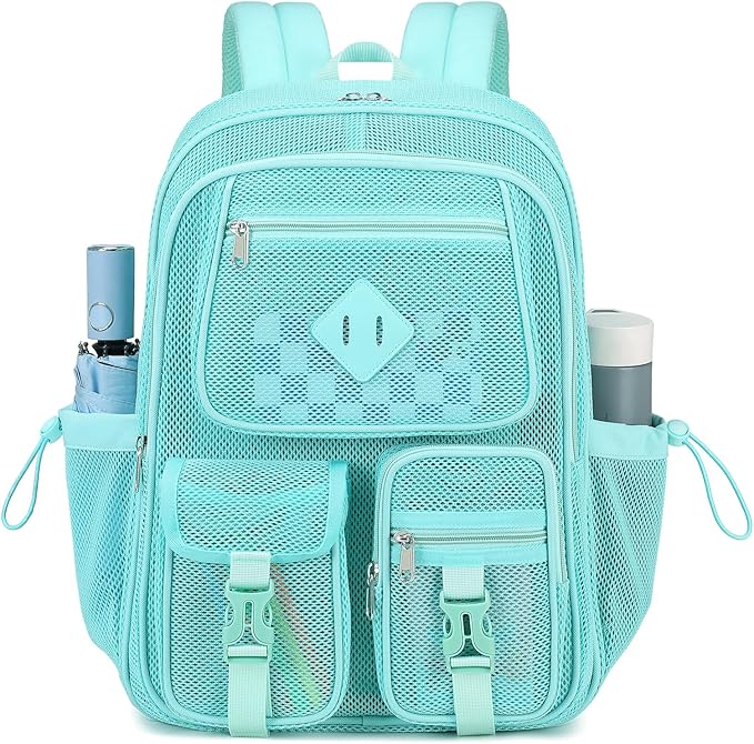 MOONBABY Mesh Backpack for School Heavy Duty See Through Net Bookbag Girls Boys Semi-Transparent Net Back Pack for Beach, Swimming, Sports, Work, Travel (Green)