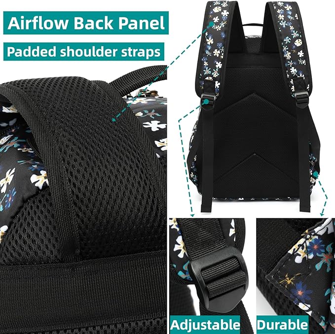 Leaper Water-resistant Floral Laptop Backpack Women Travel Bag Bookbags Satchel (Dark Blue-White Flower2)