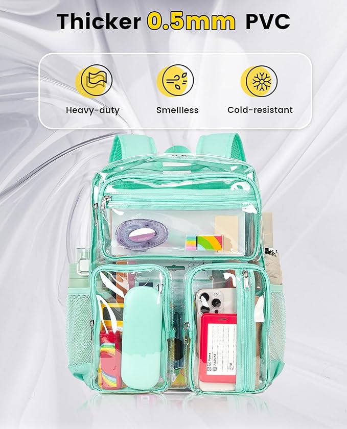 Vorspack Clear Backpack Heavy Duty - Large Clear Bookbag Transparent See Through Backpacks for College Work Festival - Mint Green