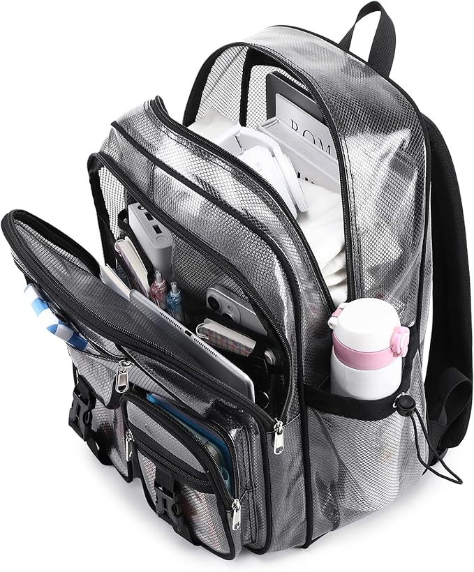 MOONBABY Clear Mesh Backpack for School Heavy Duty See Through Backpack Transparent Net Bookbag Girls Boys Back Pack for Swimming, Beach, Sports, Work, Travel (Black)