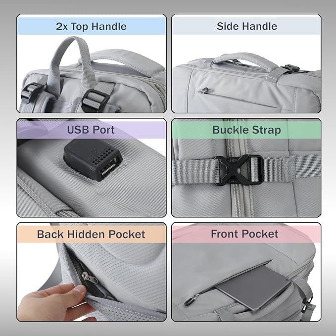 Travel Backpack, Expandable Large Capacity Business Work, Water Repellent Carry On Daypack with USB Charging Port, Fit 17 Inch Laptop, Bag for Men and Women, Grey