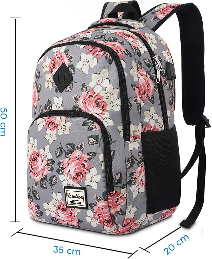 YAMTION Backpack for Women,School Backpack for Teen Girls College Backpack with USB Charging Port,Gray-Flower