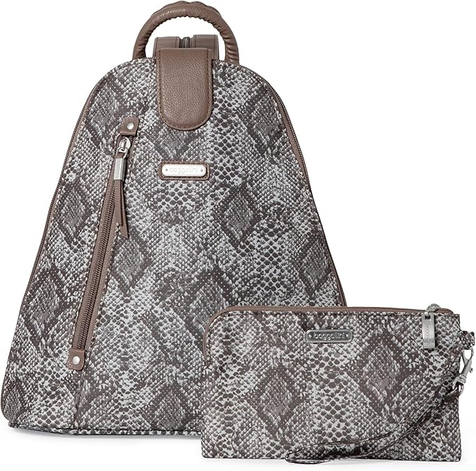 Baggallini Backpack Metro with RFID Phone Wristlet, Tan Python
