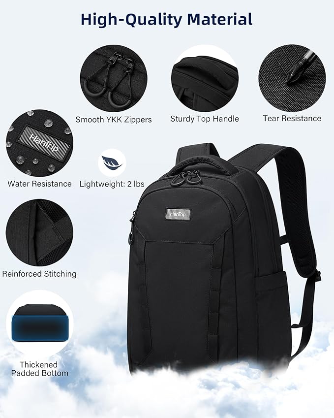 Travel Laptop Backpack Carry On, 18 Inch Large Work Backpack School Book Bags, Light Water Resistant Backpacks for Women Men with Luggage Strap Water Bottle Pocket Chest Strap, Black
