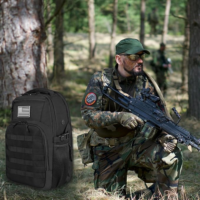 15.6'' Travel Laptop Backpack for Men, 30L Tactical College Backpacks with Water Pouches Both Sides, Portable Backpack for Men Women Business Work Bag Fight Approved, Black Backpack