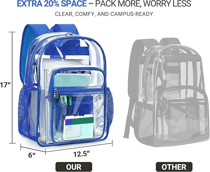 ZORFIN Clear Backpack Heavy Duty for School & Work – 17in Transparent PVC Bag with Large Capacity & Reinforced Straps – See Through Bookbag for Men, Women, Boys & Girls, Workplace Security - Blue