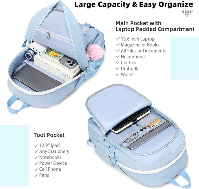 Backpack for Girls with Accessories Laptop Bookbags 16 Inch Kawaii Kids Elementary Middle High School Bag College Travel Daypack Gifts for Teens Women Students (Blue)