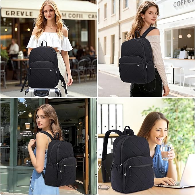 Backpack for Men and Women, School Backpack for Boys Girls, Quilted Casual Travel Daypack, Water-Resistant Bookbag for 15.6 Inch Laptop, Black