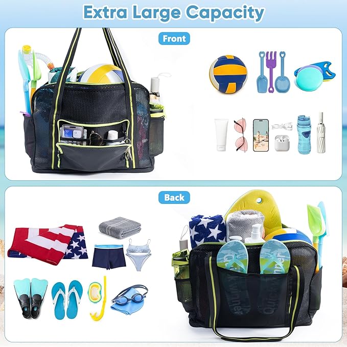Large Mesh Beach Bag - XL Beach Tote Sandproof - Swim Bag - Large Pool Tote with Pockets for Toiletries, Towel