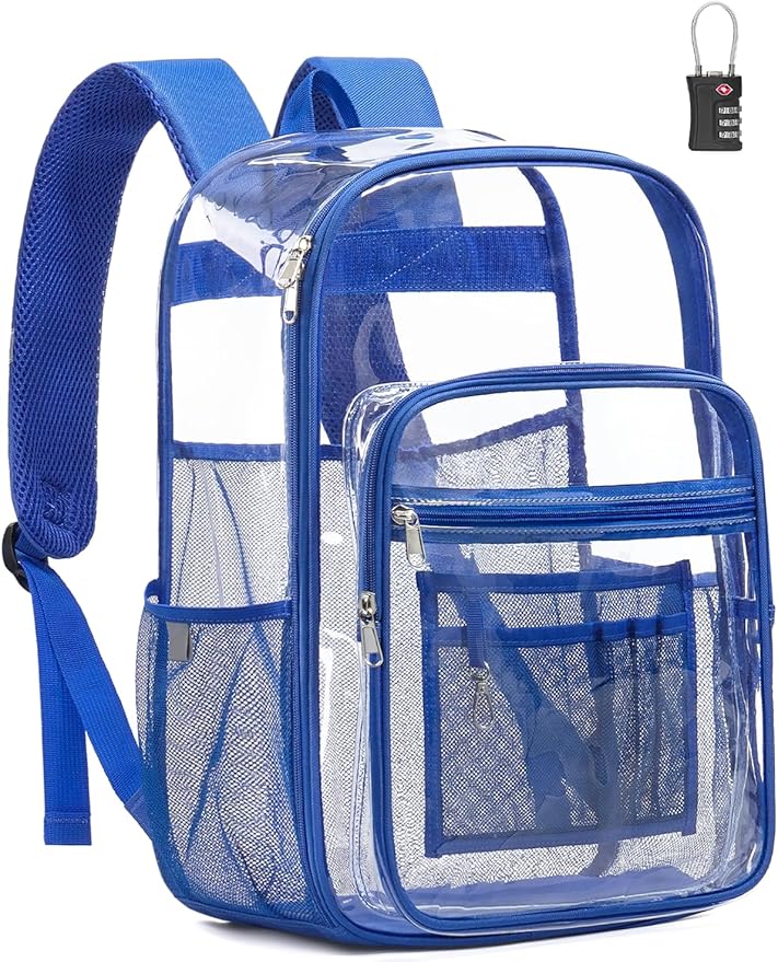 Extra Large Clear Backpack with TSA Lock, Heavy Duty Transparent See Through Clear Bookbag for College, Work, Travel, Casual Sport, Blue