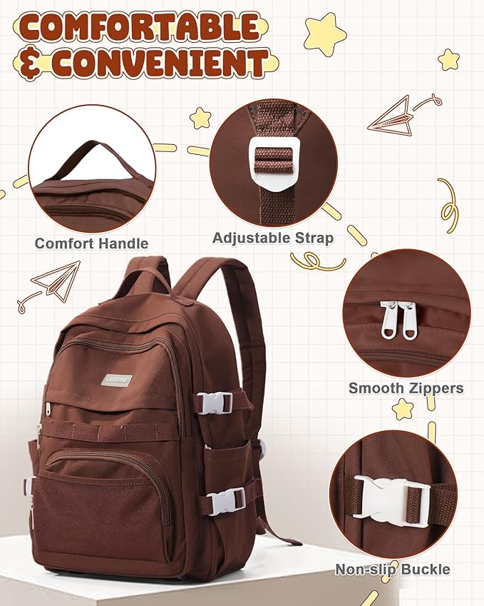 School Backpack for Teen Girls Boys Multi-pocket Middle School Bag Cute College Backpack for Women Men Elementary Student Bookbags Aesthetic Backpacks Casual Daypacks Coffee