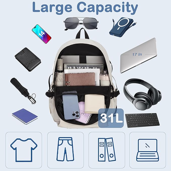 College Laptop Backpack for Men Women 15.6 Elementary Middle High School Book Bag For Teens Girls Boys Anti Theft Travel Backpacks Waterproof Casual Daypack Large Student Bookbags（Beige-L）