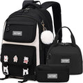 AO ALI VICTORY Backpack for Girls 3 PCS Cute School Backpacks Elementary Kids Book Bag with Lunch Box Pencil Case Set Laptop College Travel Back Pack Large Bookbags for Girl Teens Women Student Black