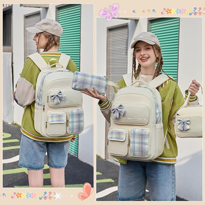 Backpack for Girls,School Backpacks for Teen,Cute College Bags for Women Students Large Bookbag 15.6 Inch Laptop Bag Back Pack Kids Kindergarten Elementary Casual Travel Daypacks Beige