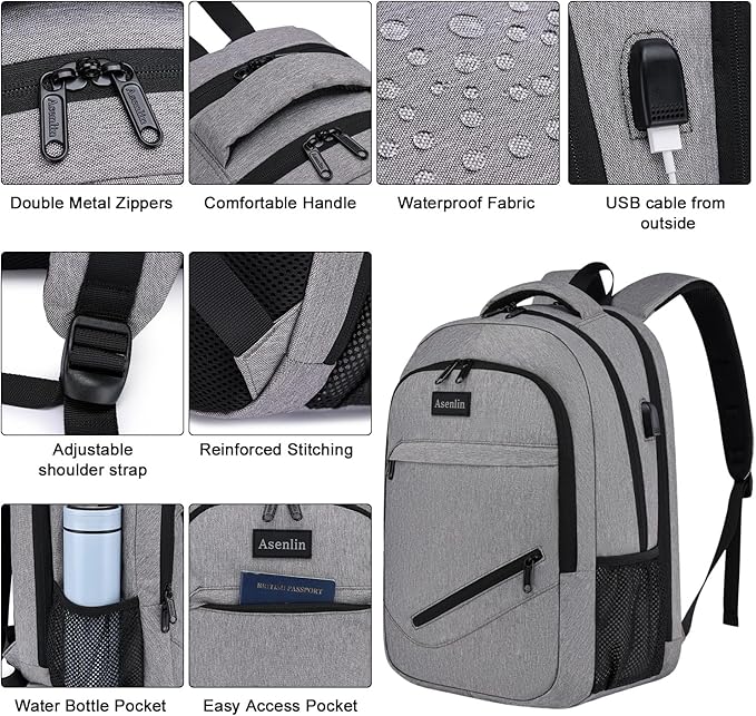 Asenlin Travel Laptop Backpack for Women & Men,Water Resistant Business Slim Sturdy Laptops Backpack with USB Charging Port,Fits 15.6 Inch Notebook College School Computer Bag-Grey