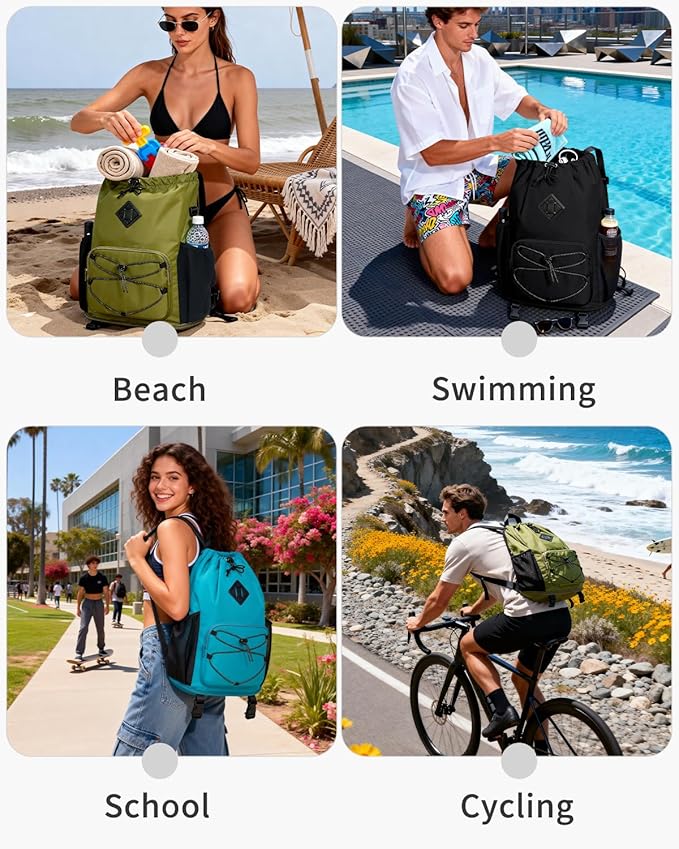 WANDF Drawstring Backpack with Removable Wet Pocket, Sandproof Beach Backpack with Bottom Compression Strap for Beach Mat, Swim Bag for Pool, Gym, Travel and Workout Gear (Dark Green)