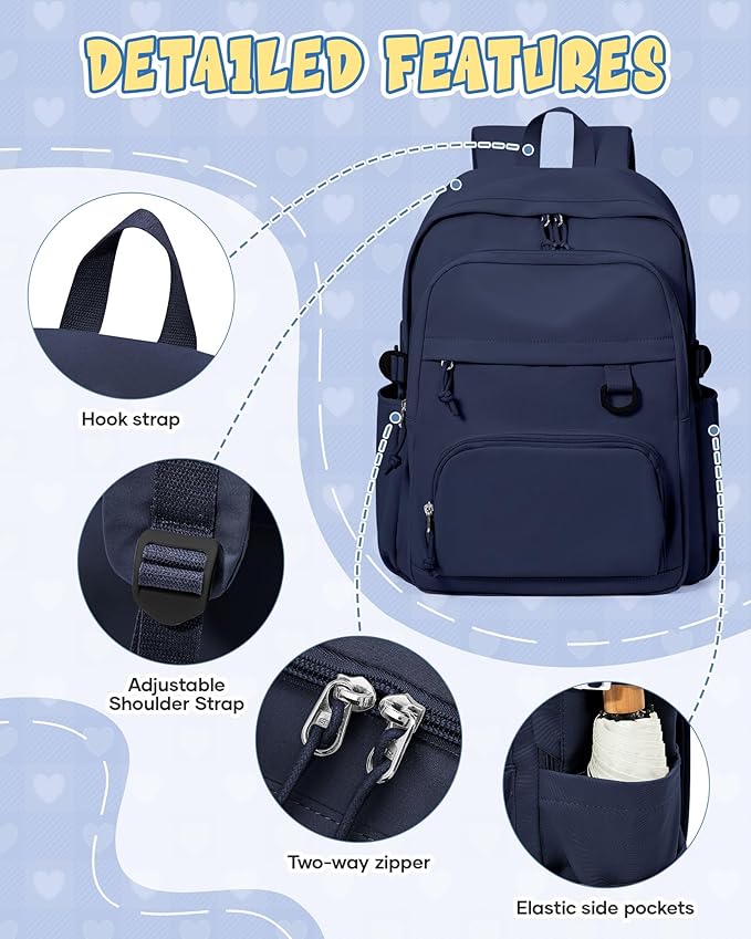Lightweight Backpack for College & High School Backpack With Lots of Pockets Cute School Bag for Girls Boys, Large Capacity Bookbag for Women Men, Waterproof Teens Casual Daypack Backpack(Dark Blue)