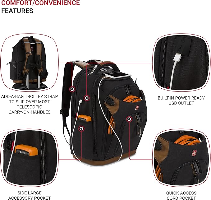 SwissGear Tool Bag Backpack, Fits Up to 17-Inch Laptop, Work Pack PRO, Black/Brown Canvas