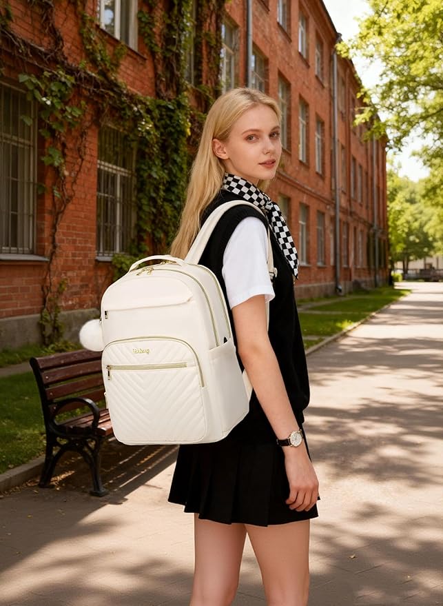 Laptop Backpack Women Bookbag, Teen Girls Backpack for Middle High School College Students, Teacher Work Bag Back Pack Travel, Beige