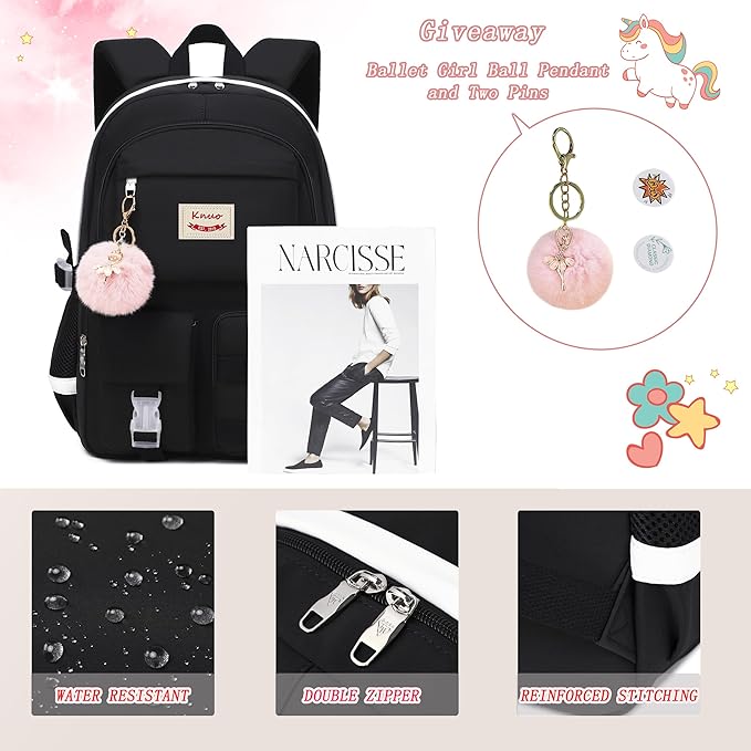 Backpack for Girls Laptop Backpacks 15.6 Inch College Cute Bookbag Anti Theft Primary Elementary School Bag Casual Daypack for Students Teens Girl Women (Black)