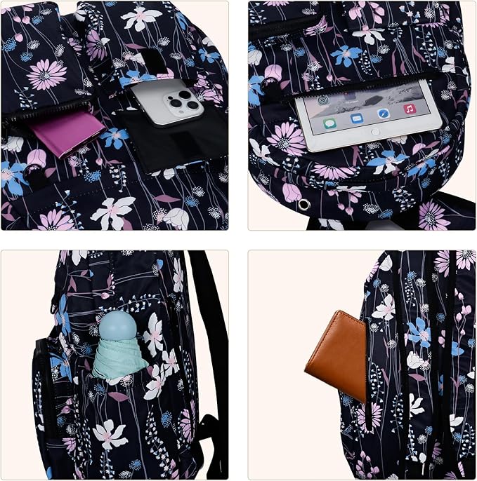 Women's Water-resistant Daypack Backpack, 15.6 Inch Laptop Compartment & Anti-Theft Pocket, Adjustable Padded Straps for Commuting, Travel, Work, College, Dreamy Flower