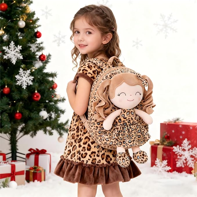 Gloveleya Toddler Backpack Baby Girl Gifts Curly Hair Plush Figures Dress Backpack Kids Backpack Curly Hair Spring Girl - White Leopard 9inches