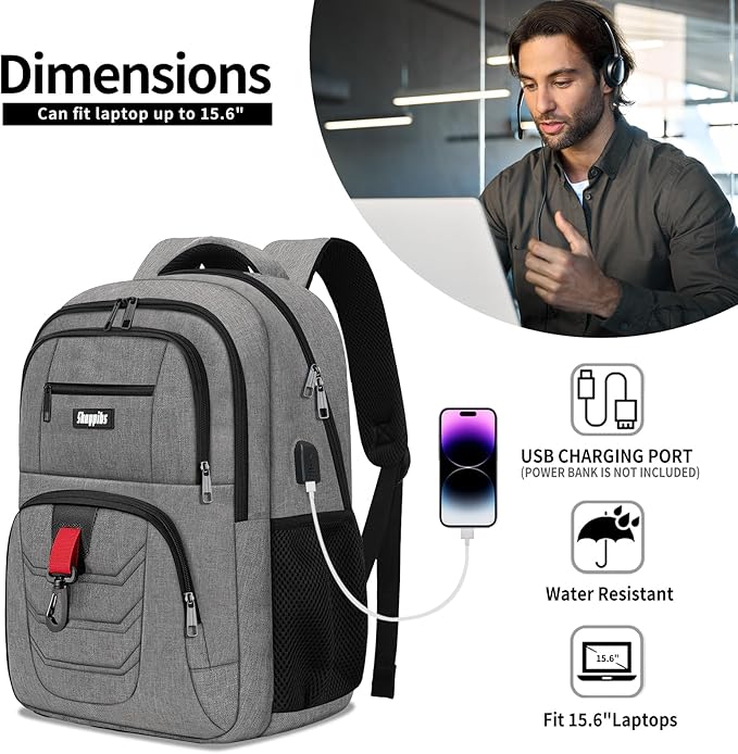 School Backpack for Boys Teens, Backpack for Men Women, 15.6 Inch Laptop Backpacks with USB Port, Water Resistent book bag, Work College Student Bookbag, back pack, Grey