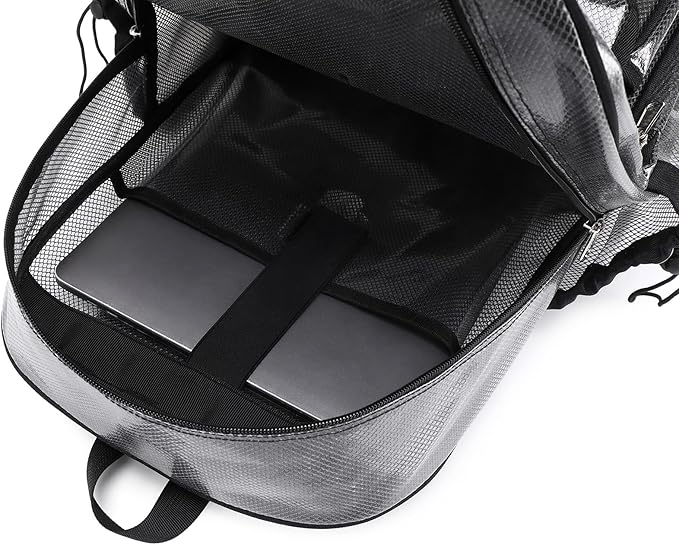 MOONBABY Clear Mesh Backpack for School Heavy Duty See Through Backpack Transparent Net Bookbag Girls Boys Back Pack for Swimming, Beach, Sports, Work, Travel (Black)