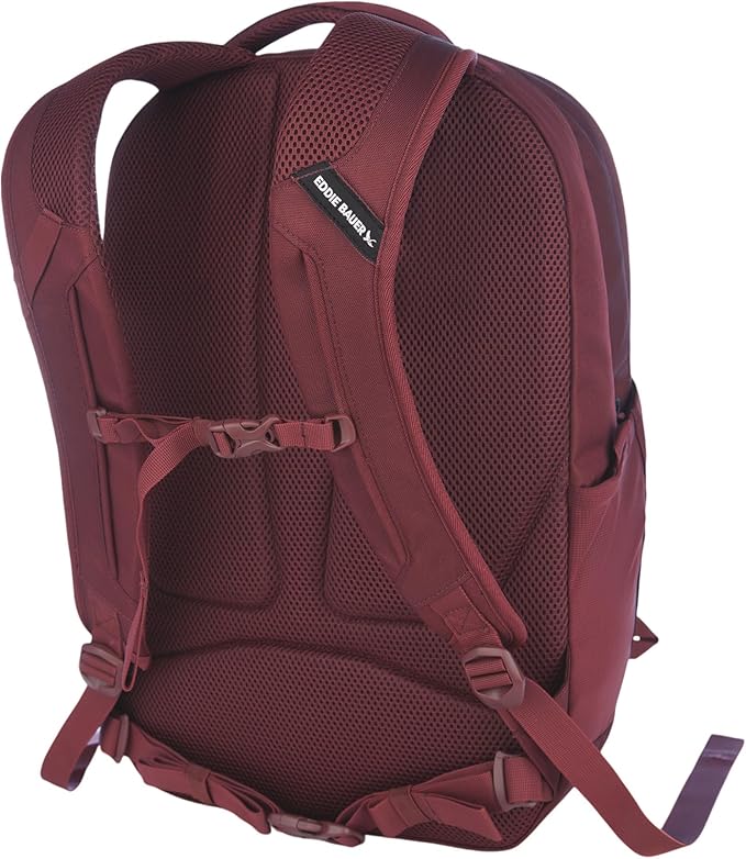 Eddie Bauer Trail Ends Backpack 28L | Laptop Sleeve | Everyday Carry | Travel | Work | Commuting | Stretch Side Pockets | Padded Shoulder Straps | Mesh Back - Black Cherry