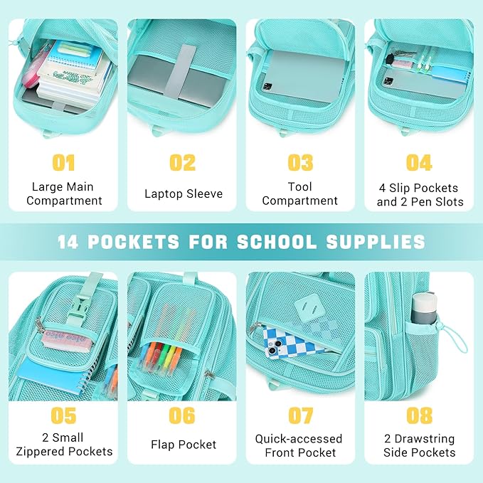 MOONBABY Mesh Backpack for School Heavy Duty See Through Net Bookbag Girls Boys Semi-Transparent Net Back Pack for Beach, Swimming, Sports, Work, Travel (Green)
