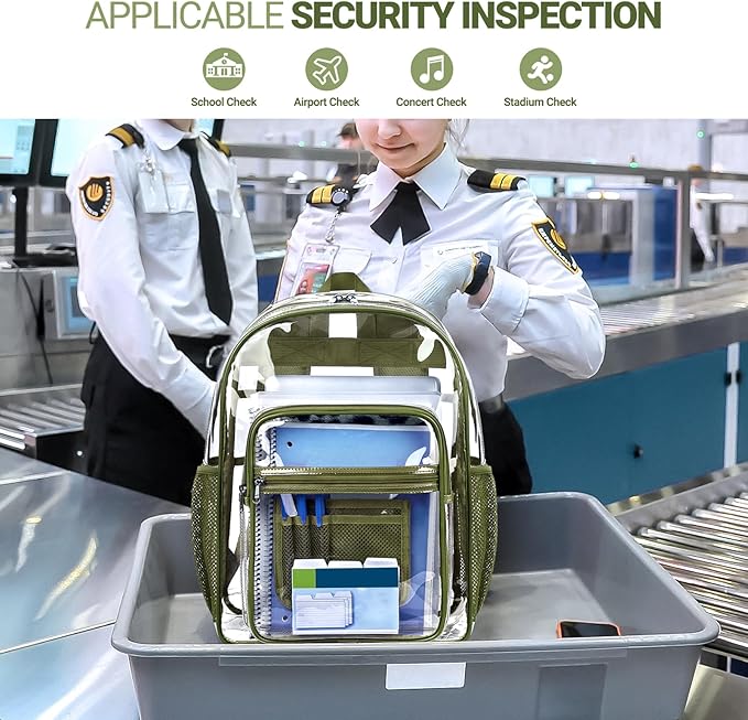 ZORFIN Clear Backpack Heavy Duty for School & Work – 17in Transparent PVC Bag with Large Capacity & Reinforced Straps – See Through Bookbag for Men, Women, Boys & Girls, Workplace Security - Green
