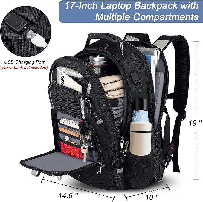 Mogplof Extra Large Laptop Backpack, 17 inch TSA Flight Approved Travel Backpack for Men, Large Backpack with USB Charging Port, RFID Business Computer Bag, Heavy Duty Water Resistant College Bookbag