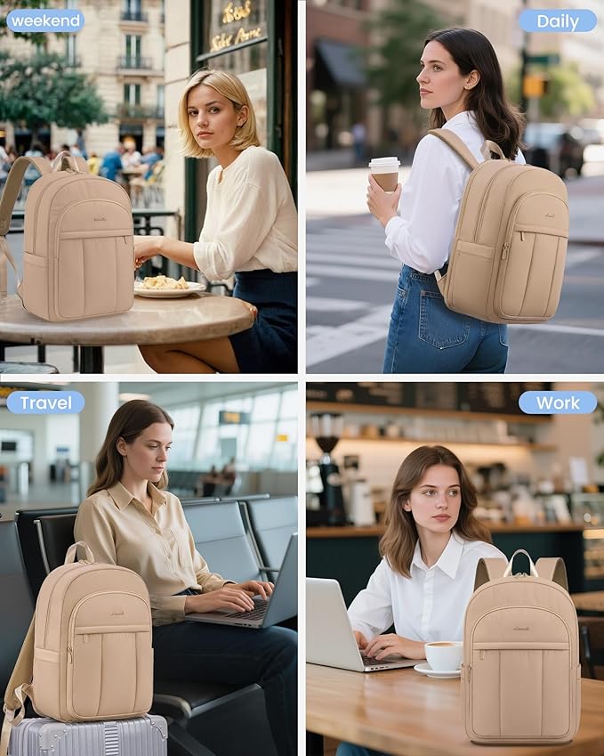 LOVEVOOK College Laptop Backpack for Women, Puffer Quilted Casual Daypack Fits 15.6 Inch Laptop, Lightweight Travel Backpack Work Bookbag, Coffee Brown