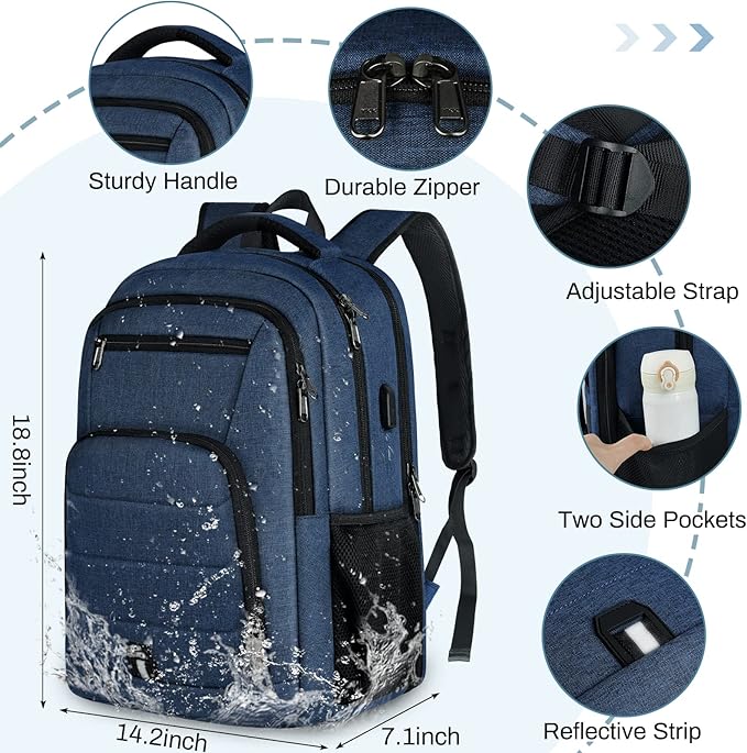 RAINSMORE Laptop Backpack 17 Inch Large Travel Backpack for Men Women Waterproof Computer Work Business College Bookbag TSA Friendly Carry on Backpack with USB Port, Blue