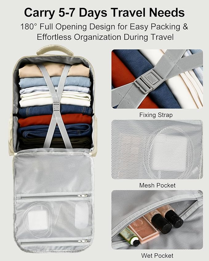 Travel Backpack for Women & Men, Large Carry On Personal Item Bag Airline Approved, Waterproof Traveling Overnight Bags, Gifts Laptop Backpack for Travelers College-Students Commuters (Beige)