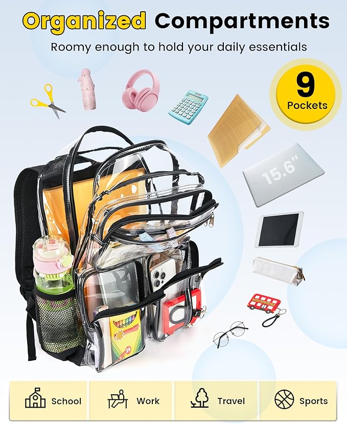 Vorspack Clear Backpack Heavy Duty - Extra Large Clear Bookbag Transparent See Through Backpacks for College Work Festival - Black