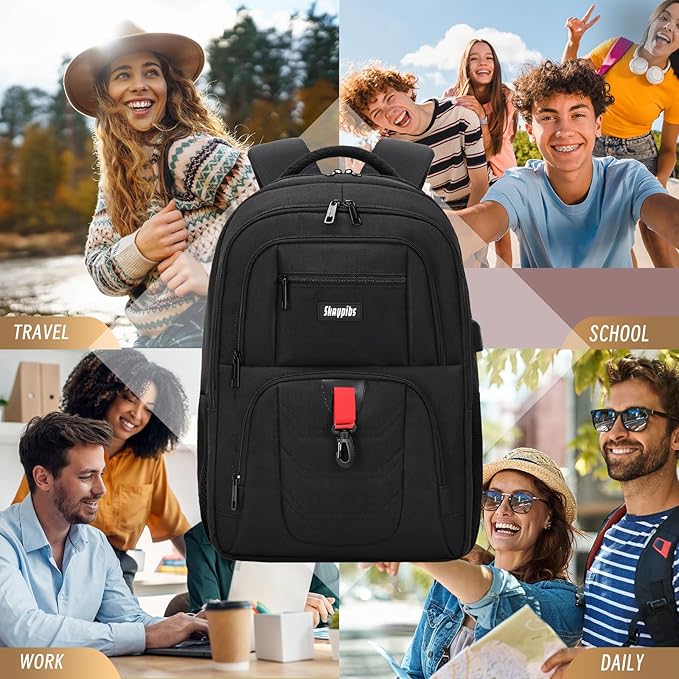School Backpack for Boys Teens, Black Backpack for Men Women, 15.6 Inch Laptop Backpacks with USB Port, Water Resistent book bag, Work College Student Bookbag, back pack