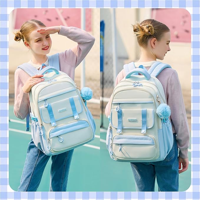 School Backpack for Girls, Laptop Backpack 15.6 Inch Kids Elementary Middle High School Bag Anti Theft Cute College Bookbags for Teens Girls Women Students Casual Travel Daypack,Blue Beige