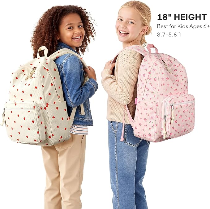 mibasies School Backpack for Girls with Laptop Sleeve: 18IN Large Capacity Corduroy Bookbag for Primary Middle School/College, Travel Daypack for Teens Women - Pink Flower Bow