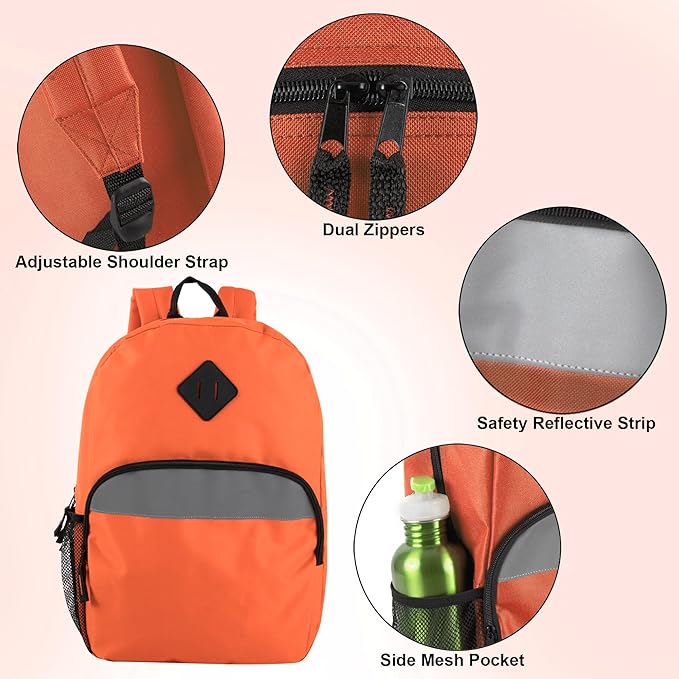 Trail maker Reflective School Backpack for Kids | Colorful Backpack with Adjustable Straps, Side Water Bottle Pockets (Orange)