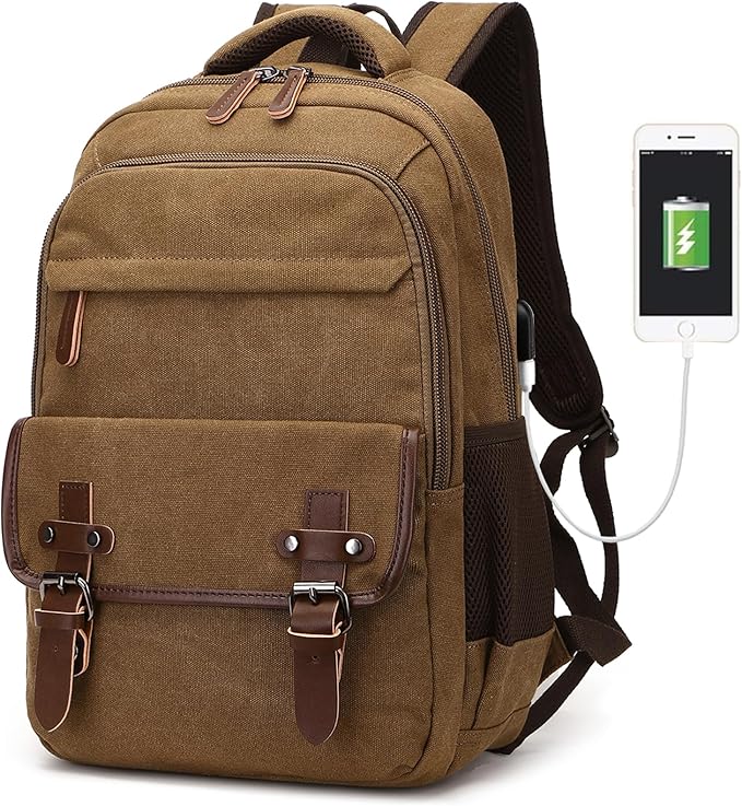 Canvas Laptop Backpack with USB Charging Port, Vintage Daypack for Men Women, Brown Travel Work Rucksack College Computer Bag Bookbag Fits 15.6 Inch Laptop, Brown