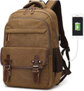 Canvas Laptop Backpack with USB Charging Port, Vintage Daypack for Men Women, Brown Travel Work Rucksack College Computer Bag Bookbag Fits 15.6 Inch Laptop, Brown