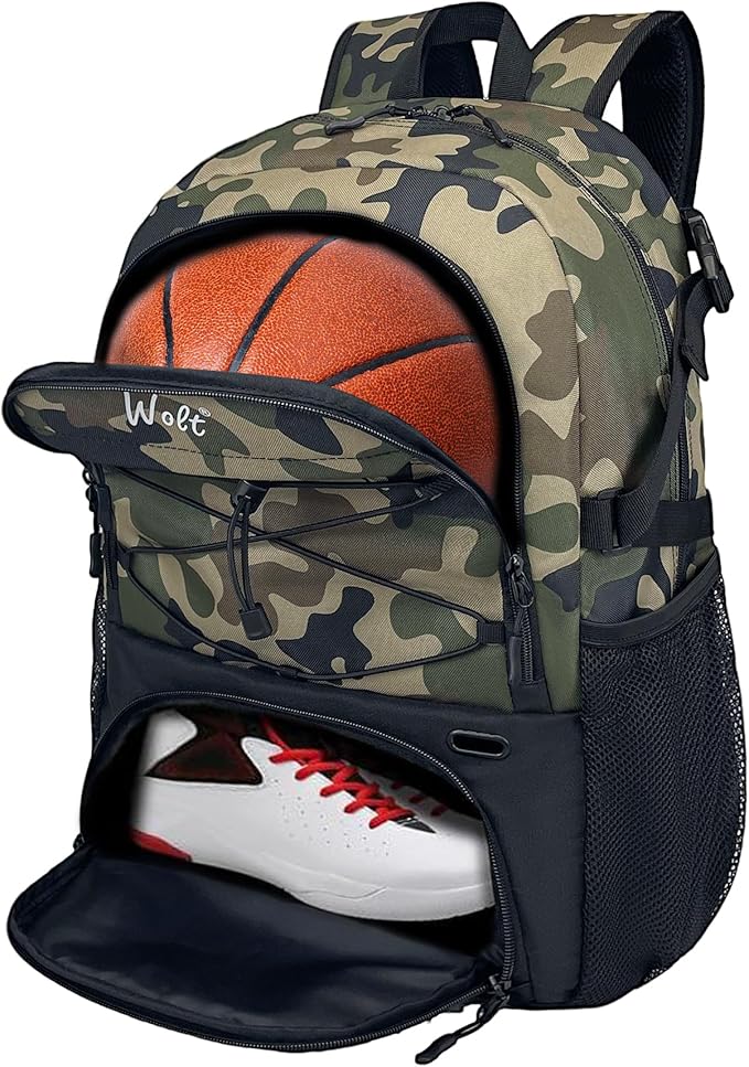 WOLT Basketball Backpack Large Sports Bag with Separate Ball Holder & Shoes Compartment, Best for Basketball, Soccer,Gym