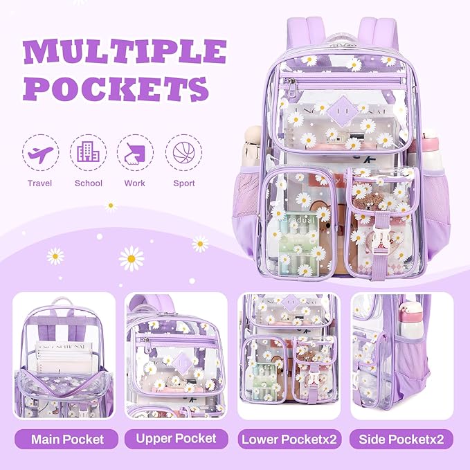 Clear Backpack for School,Heavy Duty PVC Transparent Bookbag for Girls Stadium Approved See Through Backpack