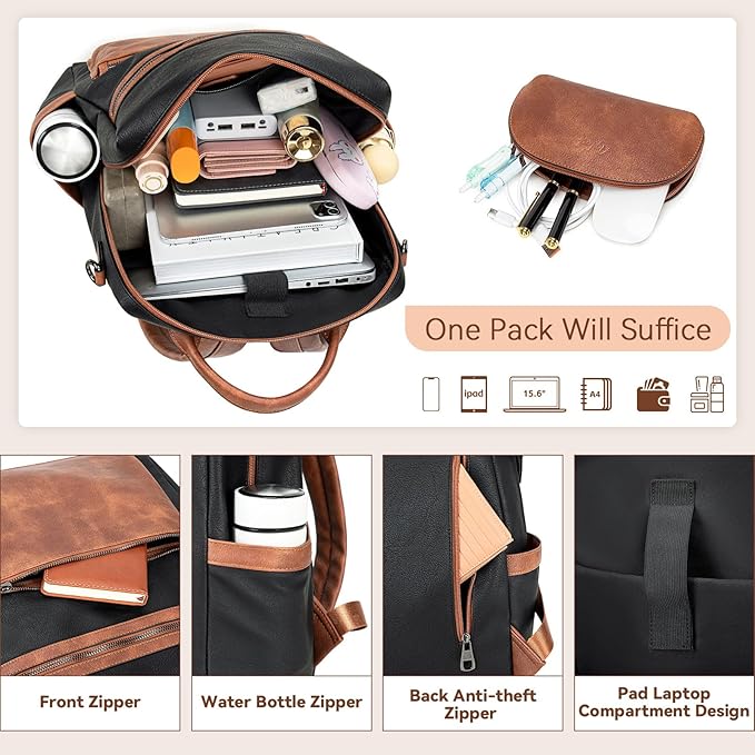 Vegan Leather Laptop Backpack for Women 15.6 Inch Work Backpack Purse for Travel College