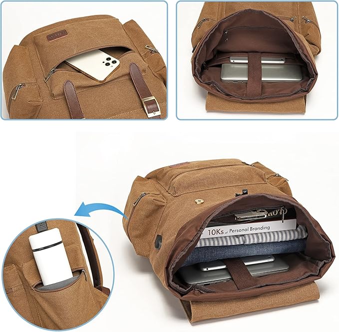 Modoker Mens Canvas Vintage Backpack for Men,Women, Travel Laptop Backpack Fits 17/15.6 Inch Computer & Tablet, Large Bookbag Rucksack Backpack with USB Charging Port, Brown
