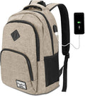 YAMTION School Backpack with USB Charging Port for Laptop College Travel Work Office Teens Beige Beige 15.6 Inches