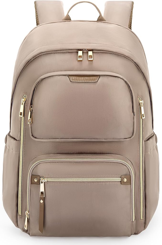 LIGHT FLIGHT Women's Laptop Backpack Fit for 15.6 Inch for Travel Work Business College, Large Capacity Stylish Bookbag with USB Port and Water-Resistant for Daily Use,Champagne